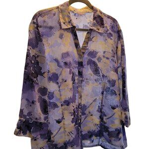 JM Collection 100% Linen Floral Long-Sleeved Blouse
